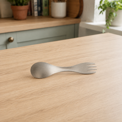 A stainless steel spork with integrated fork tines rests on a light wood tabletop in a softly blurred kitchen setting.